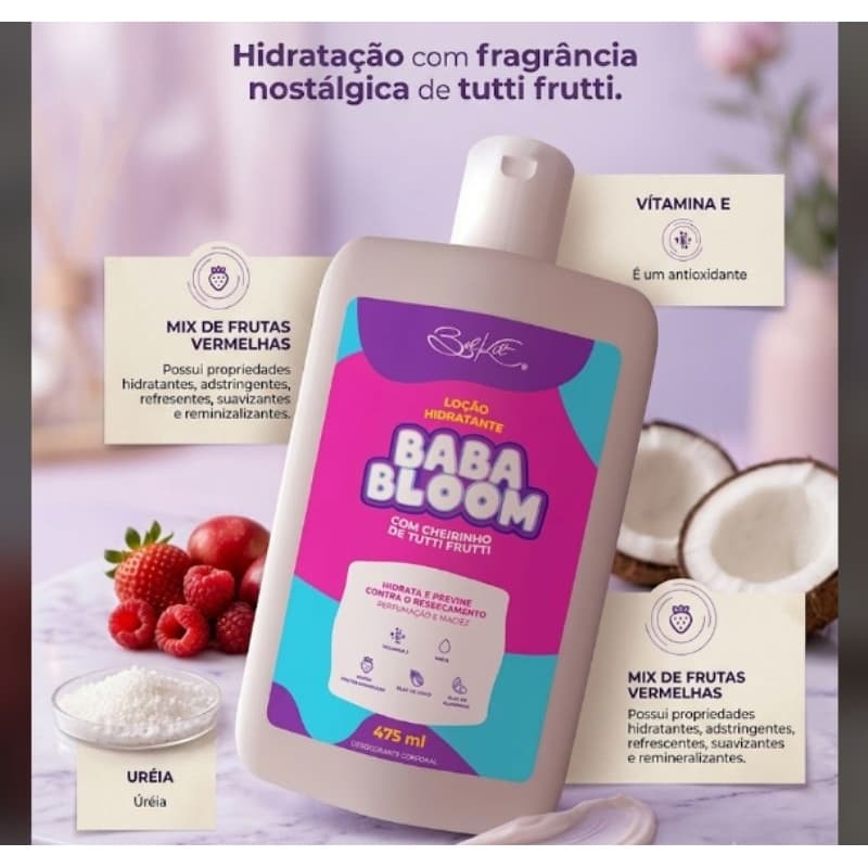 Loção Hidratante Baba Bloom Belkit 475ml – Cheirinho de Tutti Frutti – Com Vitamina E, Ureia e Óleos Naturais