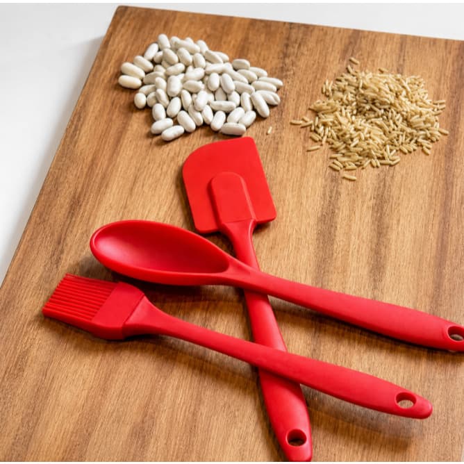Kit 3 Peças Colher E Pincel Espátula De Silicone Culinário - Vermelho