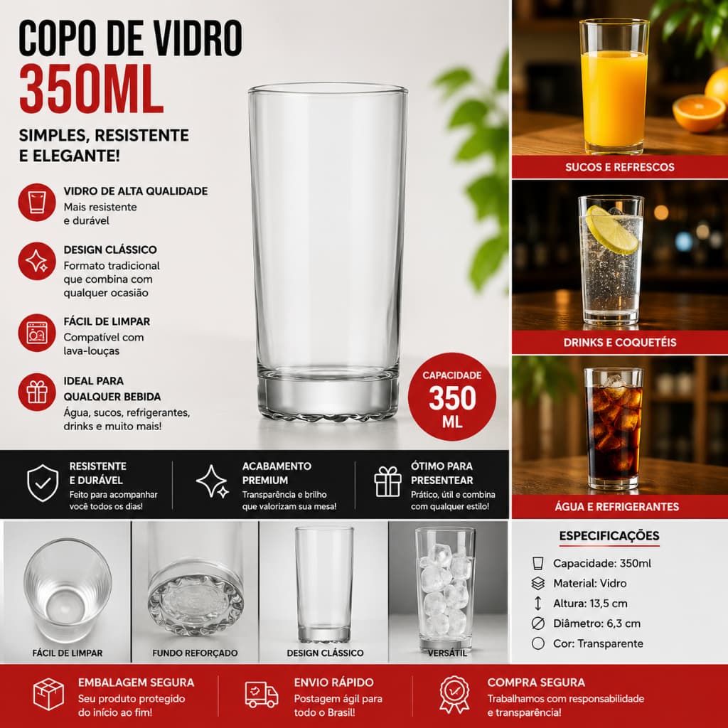 Copo Bowling Long Drink 350ml de Vidro Transparente Resistente | Água, Suco, Refrigerante e Drinks