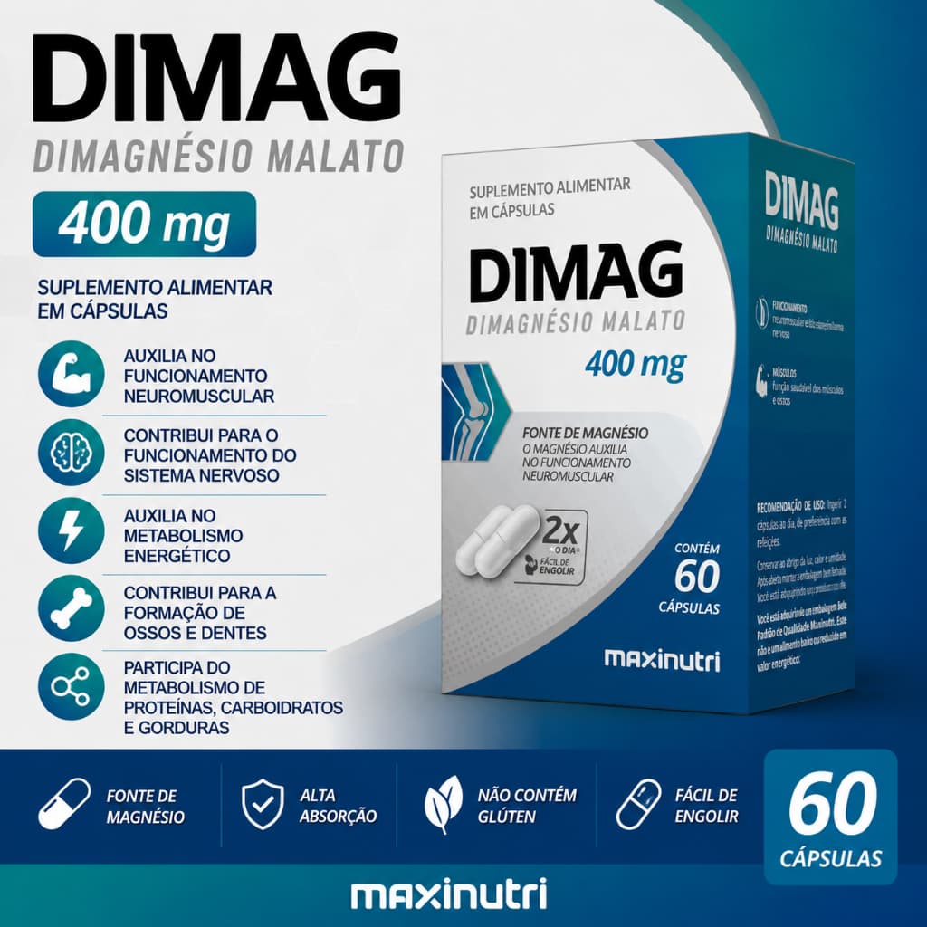 Dimag Dimagnésio Malato 400mg 60 Cápsulas Maxinutri Magnésio Original