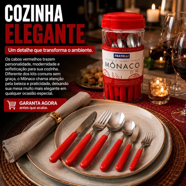 Conjunto Jogo  Kit Talheres Faqueiro Mônaco 21 Pecas Vermelho  Preto Gourmet Aço Inox Moderno