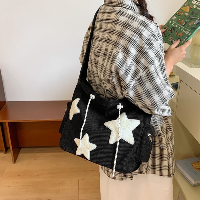 Bolsa Feminina Cotelê Estrela Grande Capacidade Ombro Transversal Casual Escolar Tote Bag