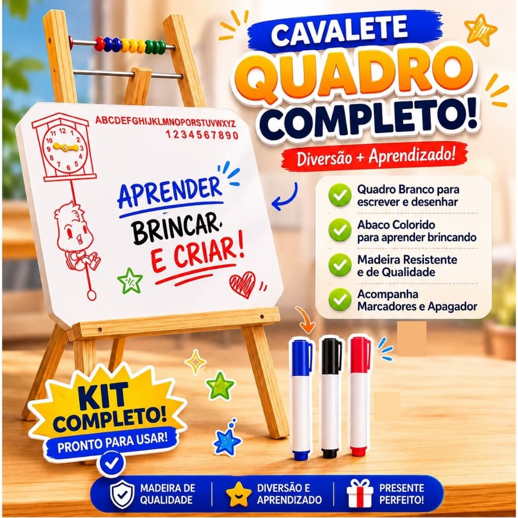 Lousa Quadro Branco Infantil Com Cavalete + 3 Canetas + Apagador
