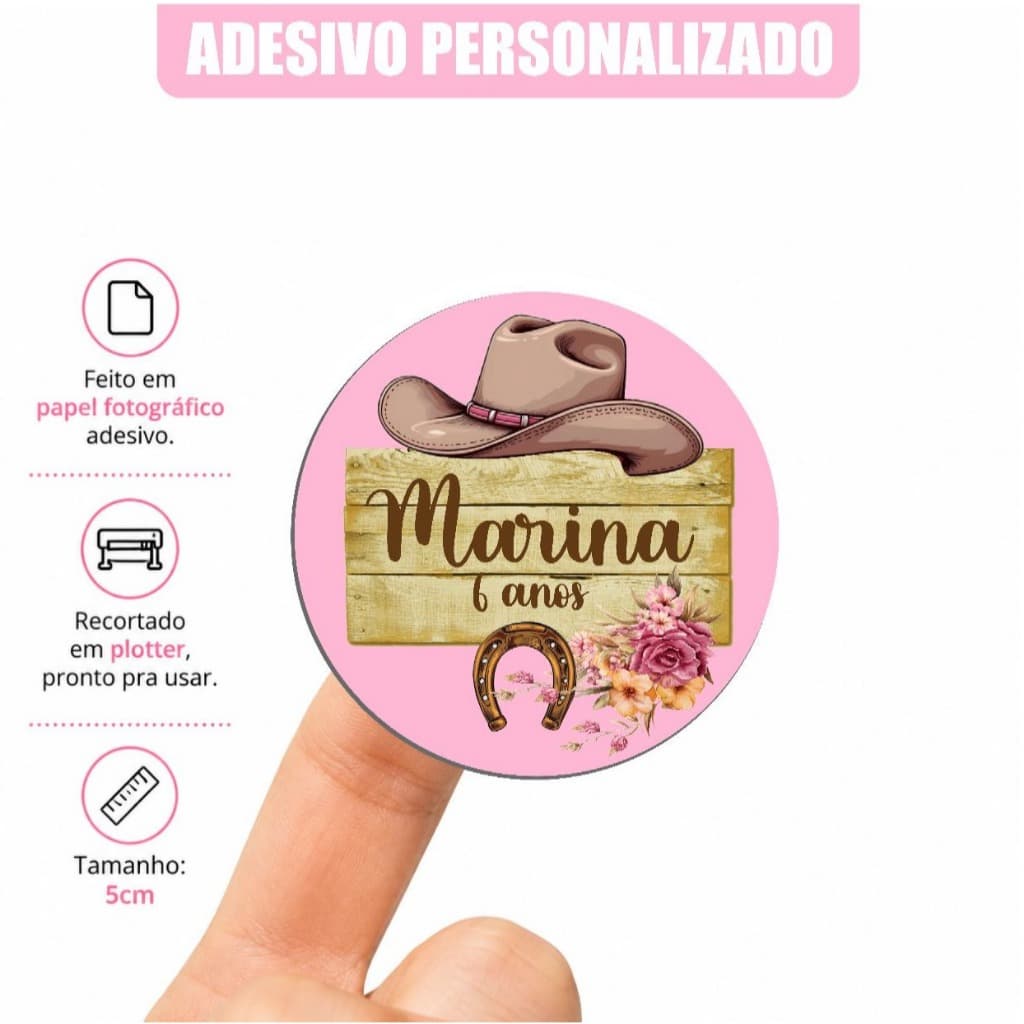 Adesivo 5cm lembrancinha personalizados festa boiadeira fazenda bota fazendinha menina country rosa