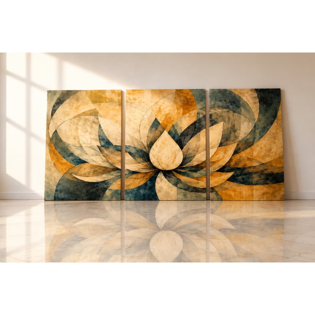 Kit 3 Quadros Decorativos Abstrato Floral Geométrico Moderno Bege Dourado Sala Quarto Escritório MDF