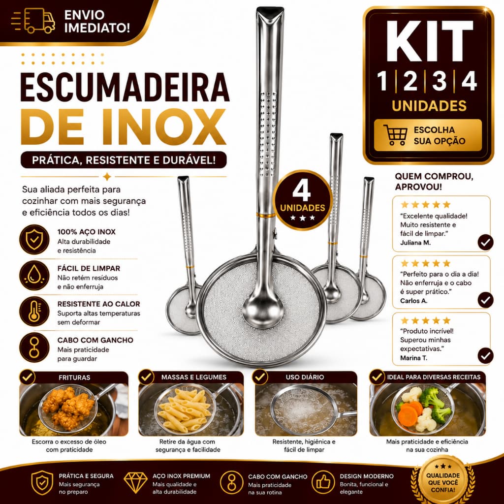 Pegador Escumadeira Inox 2 em 1 com Peneira 1/2/3/4 Coador e Pinça 28,5cm Multiuso para Frituras Massas e Alimentos