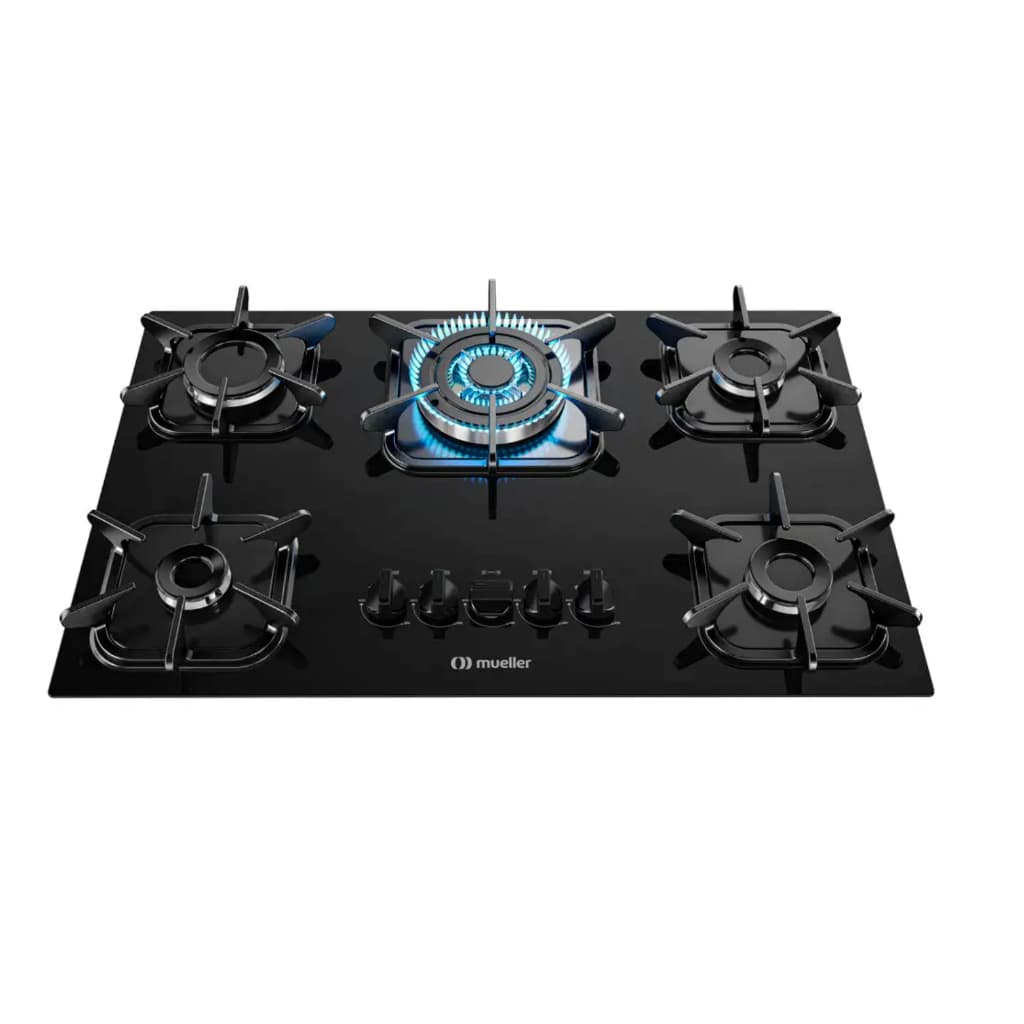 Cooktop 5 bocas Mueller Tripla Chama à Gás Mesa de Vidro e Grades de Ferro fundido - Bivolt