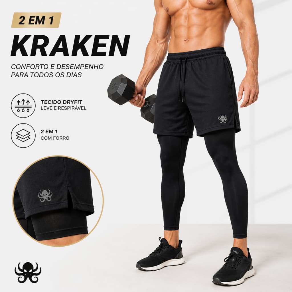 Calça Legging KRAKEN Masculina com Shorts Sobreposto