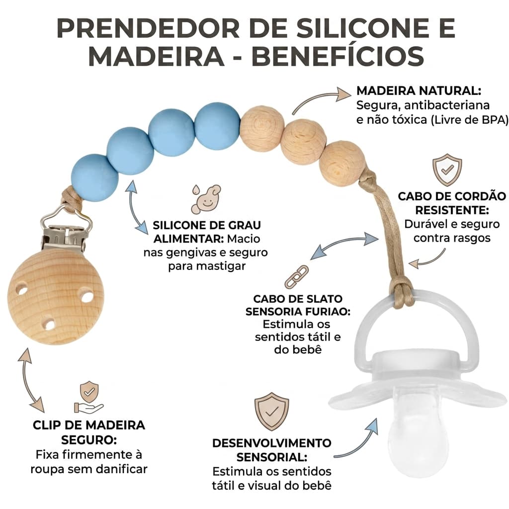 Prendedor de Chupeta Silicone e Bambu Buba – Segurança e Estilo para o Dia a Dia BUBA