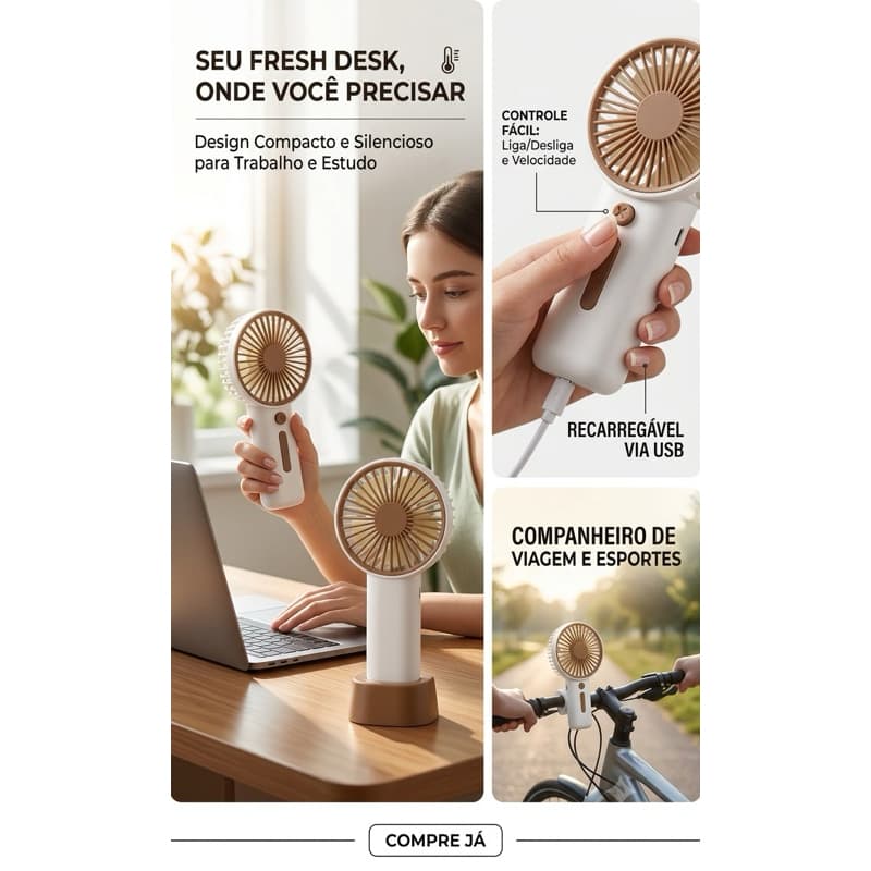 Mini Ventilador Portátil Recarregável USB | 3 Velocidades Silencioso | Cor Marrom Bege Minimalista