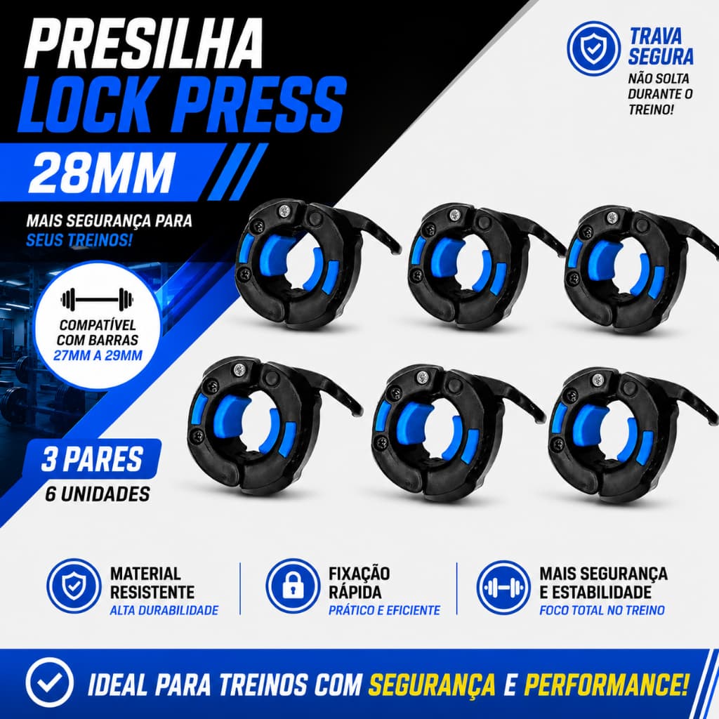3 Pares Presilhas Lock Press Barra de 28mm Academia Musculação Fitness Halter Grampo Roscada Cross