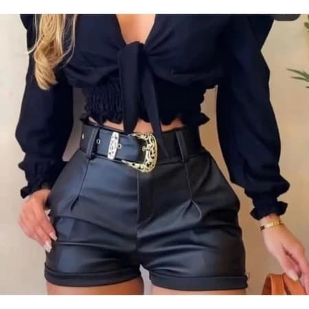 Shorts Feminino  Luxo em Couro fake Cinto com Fivela
