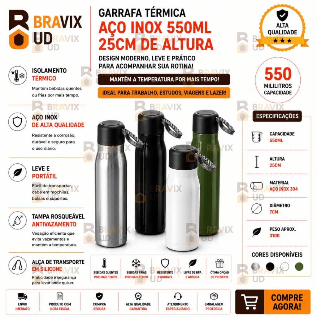Garrafa Térmica Aço Inox 550ml Bebidas Quentes Frias Viagem Fitness