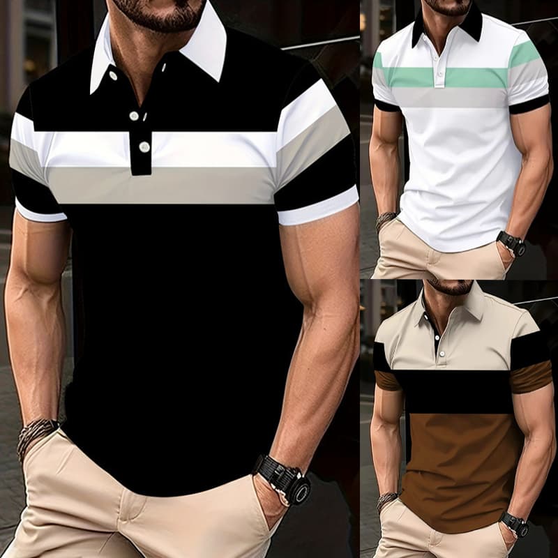 Camisa Polo Masculina Gola Botão Listras Casual Blusa Blocos de Cor Premium Qualidade