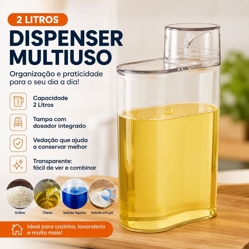 Dispenser Multiuso 2 Litros com Dosador Hermético Organizador Transparente Pote Recipiente em Kit 1, 2 e 3 Unidades