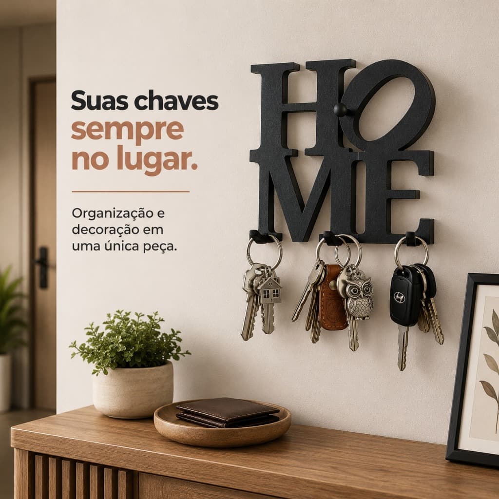 Porta Chaves de Parede com 4 Ganchos HOME Organizador de Chaves Decorativo Minimalista para Hall Entrada