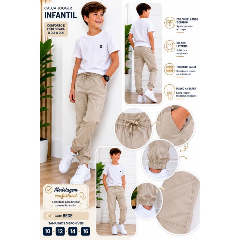 Calça Jogger Infantil Elástico Confortável Moda Menino Tamanho 10 12 14 16