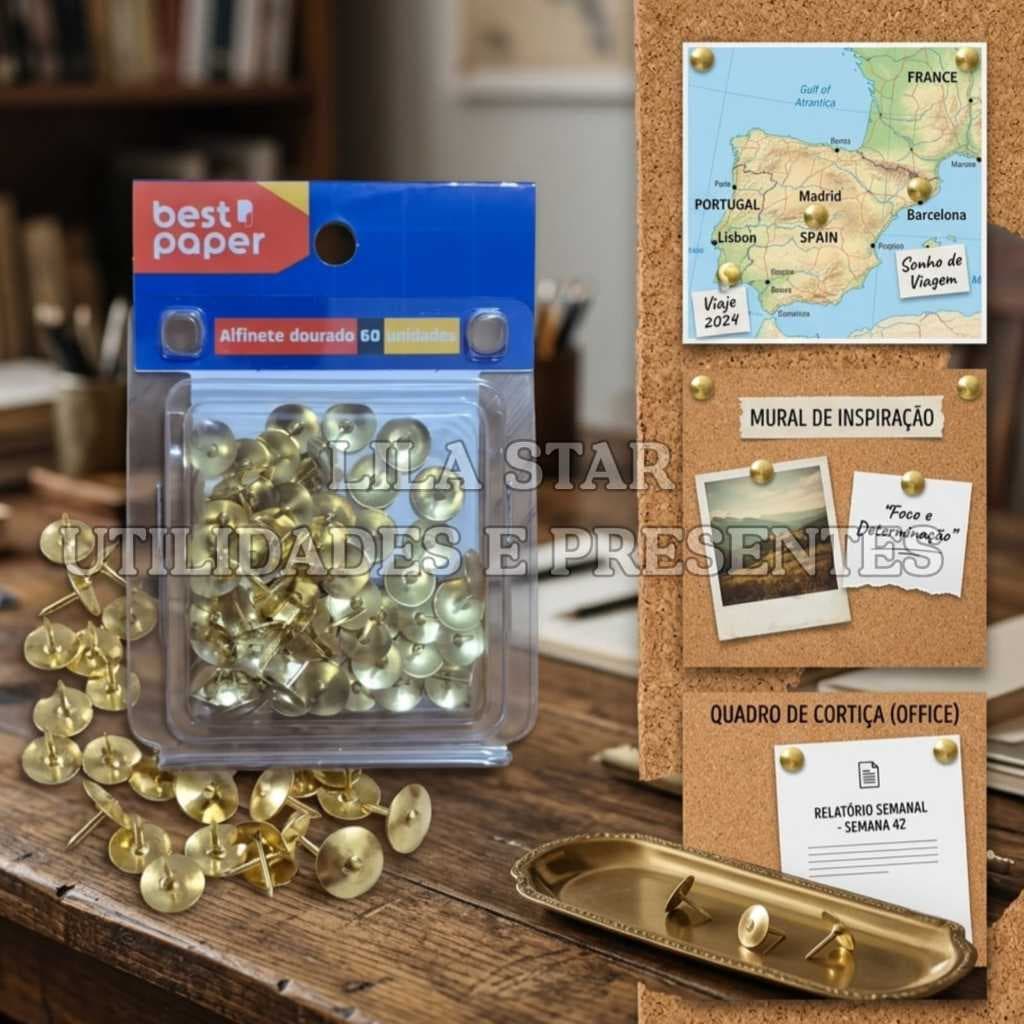 Kit 60/120 Alfinete Percevejo Dourado para Mapa Quadro de Cortiça Mural