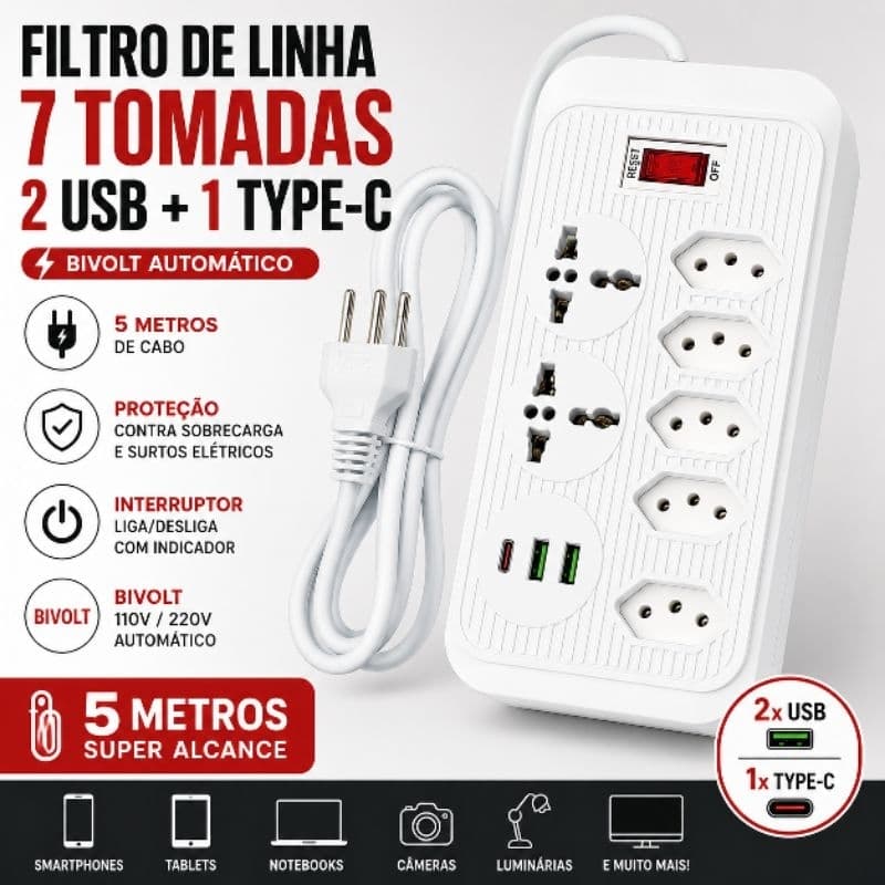 Filtro de Linha 7 Tomadas 5 Metros 2 USB USB-C Tipo C Bivolt Com Proteção Contra Surtos KA-7022