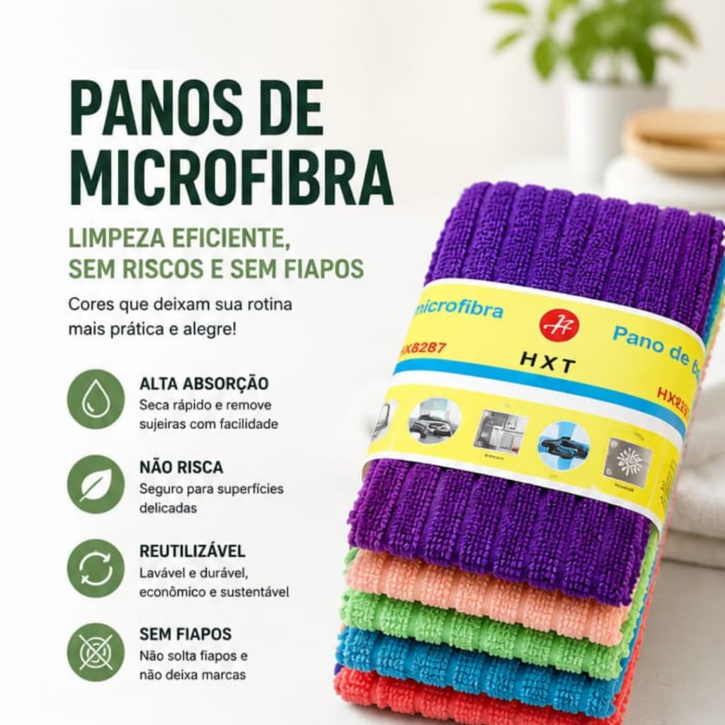 Pano Microfibra Limpeza – Kit Com 5 Peças - uso diário - Econômico e sustentável - limpa, seca e dá brilho