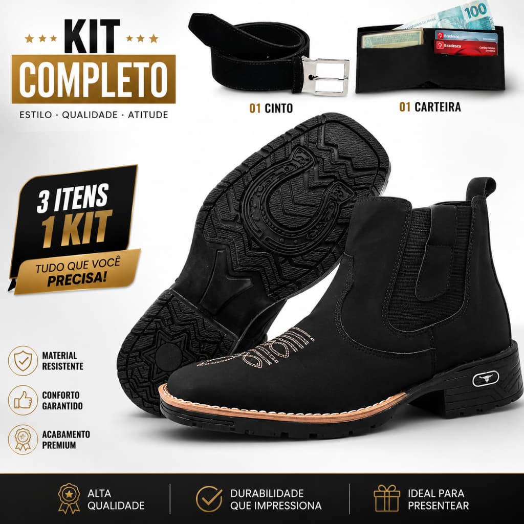 Kit Bota Texana Masculino Cano Curto + Cinto + Carteira