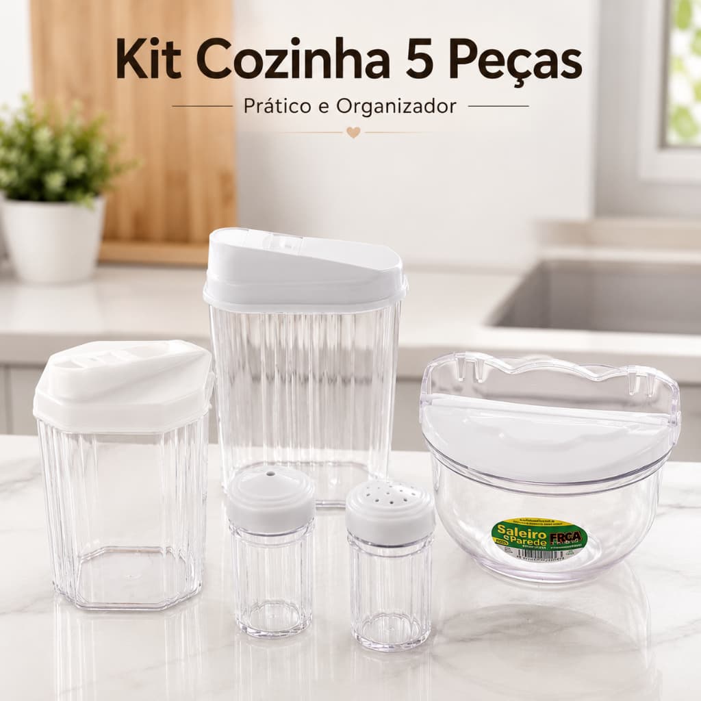 Kit Cozinha 5 Peças Organizador Mantimentos Açucareiro Farinheira Saleiro Paliteiro BPA Free
