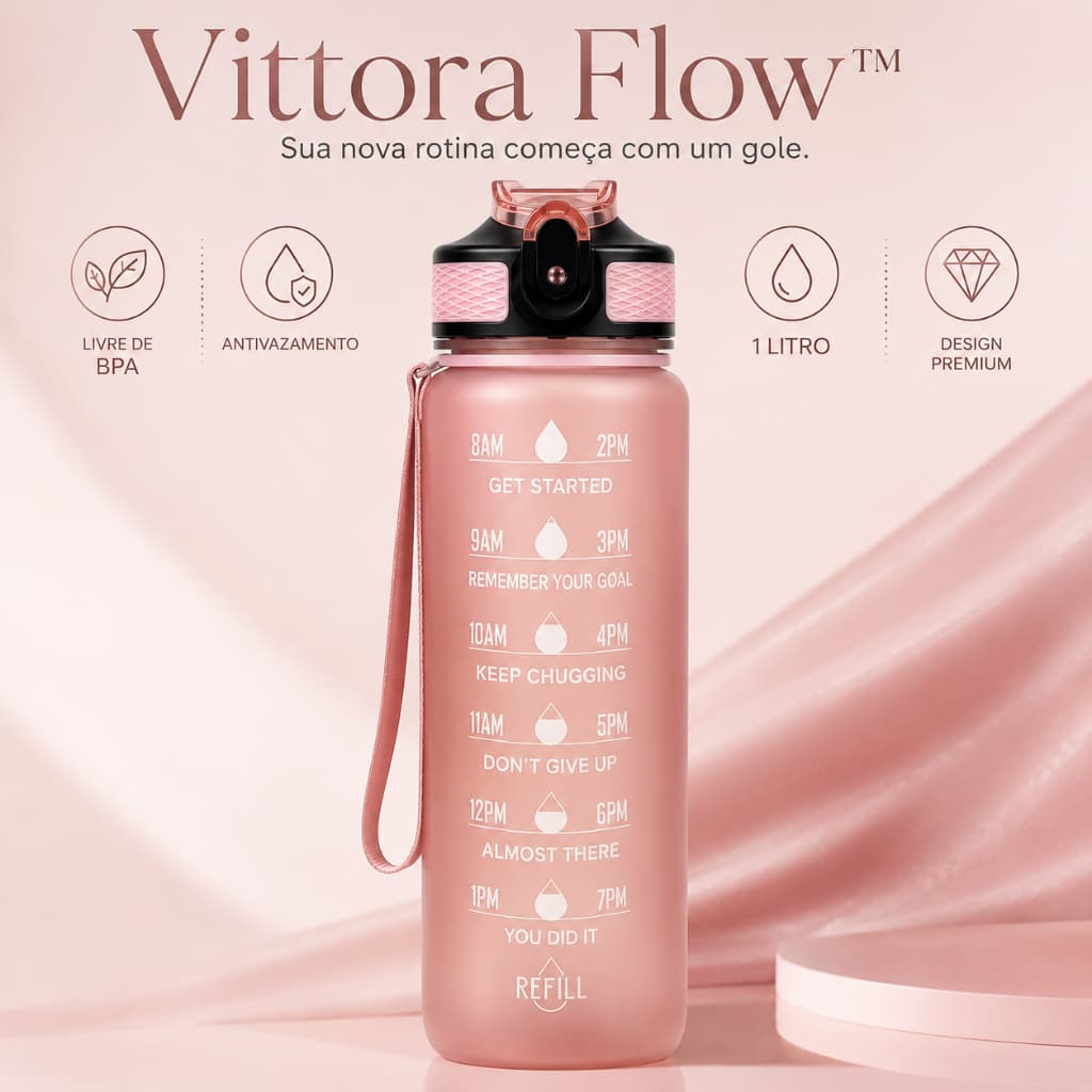 Garrafa de Água Motivacional 1L Vittora Flow™ com Horários Tampa Antivazamento BPA Free