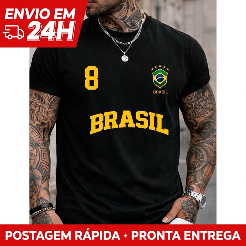 Camiseta Masculina Blusa Brasil 8 T-shirt Verão Manga Curta Camisa Algodão Premium