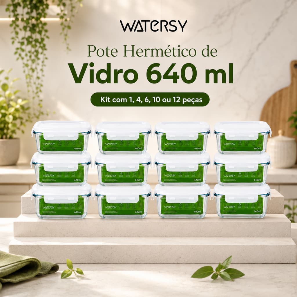 Watersy 12 Kit Pote Hermético de Vidro 640ml com Borossilicato Kit com 4 6 10 ou 12