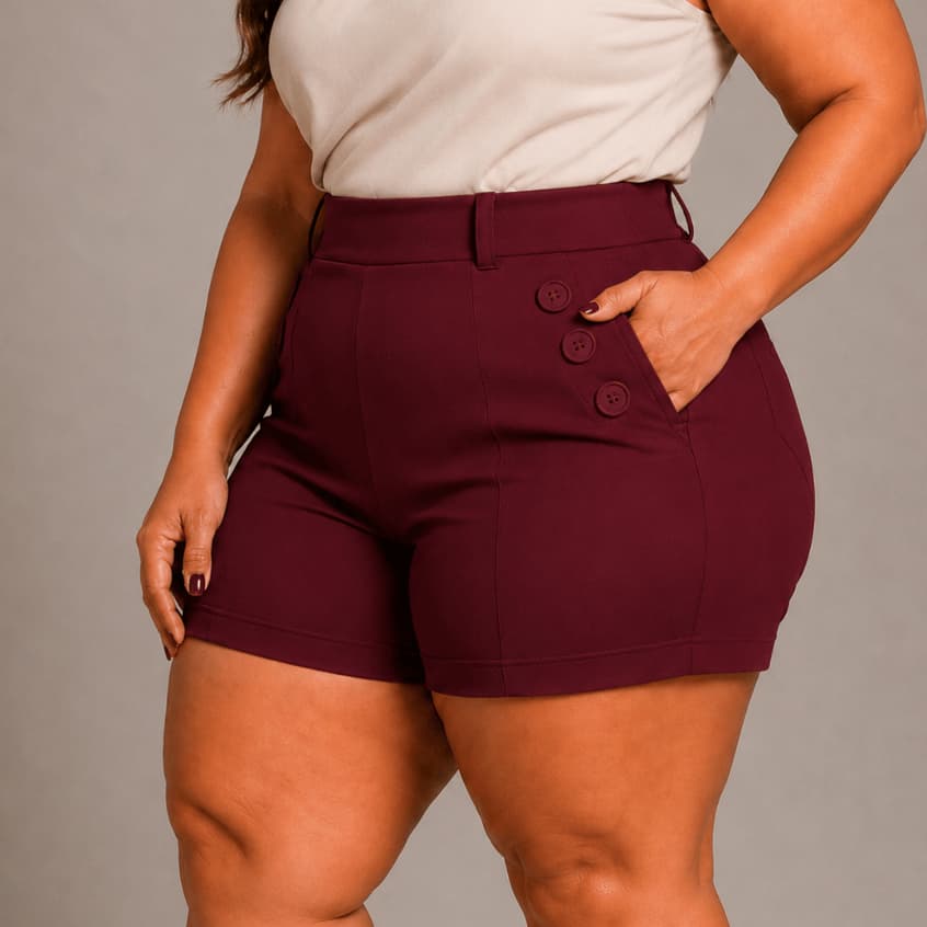 Shorts Social Plus Size Feminina Com 6 Botões Cintura Alta Alfaiataria Tecido Bengaline 42 ao 52