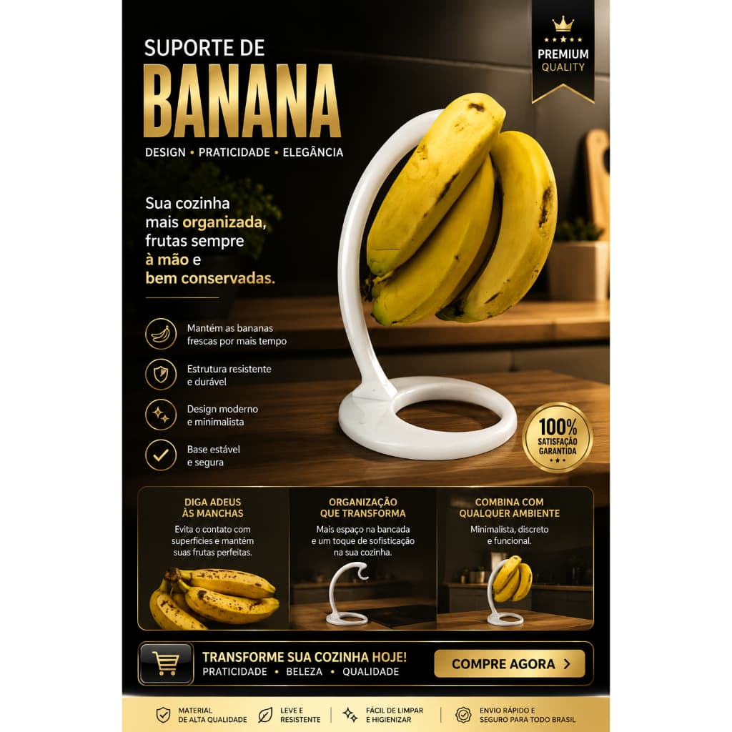 Suporte Mesa Fruteira Gancho para Pendurar Bananas Moderno Preto