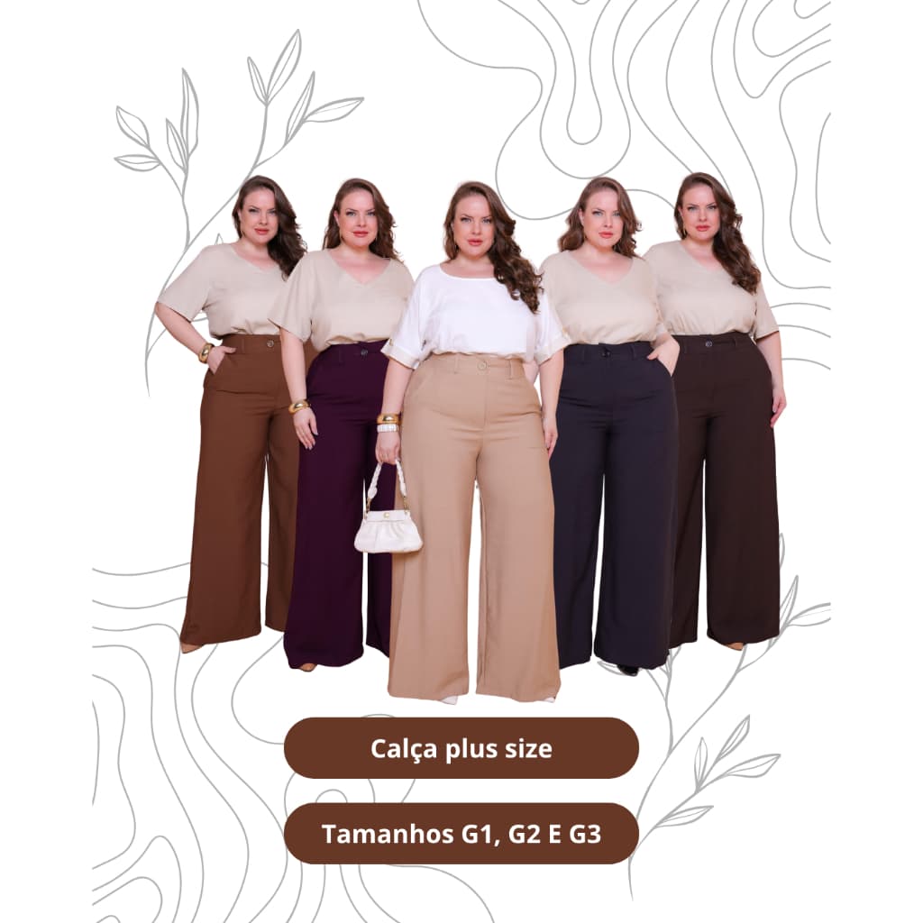 Calça pantalona plus size feminina em tecido marrant sensorial com botão e bolso