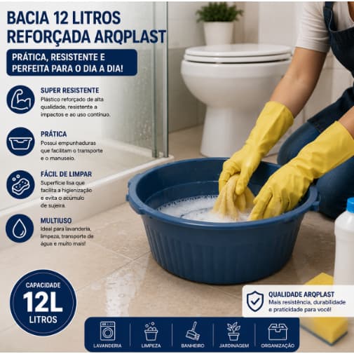 Bacia Reforçada com empunhadura 12Litros Azul -Arqplast