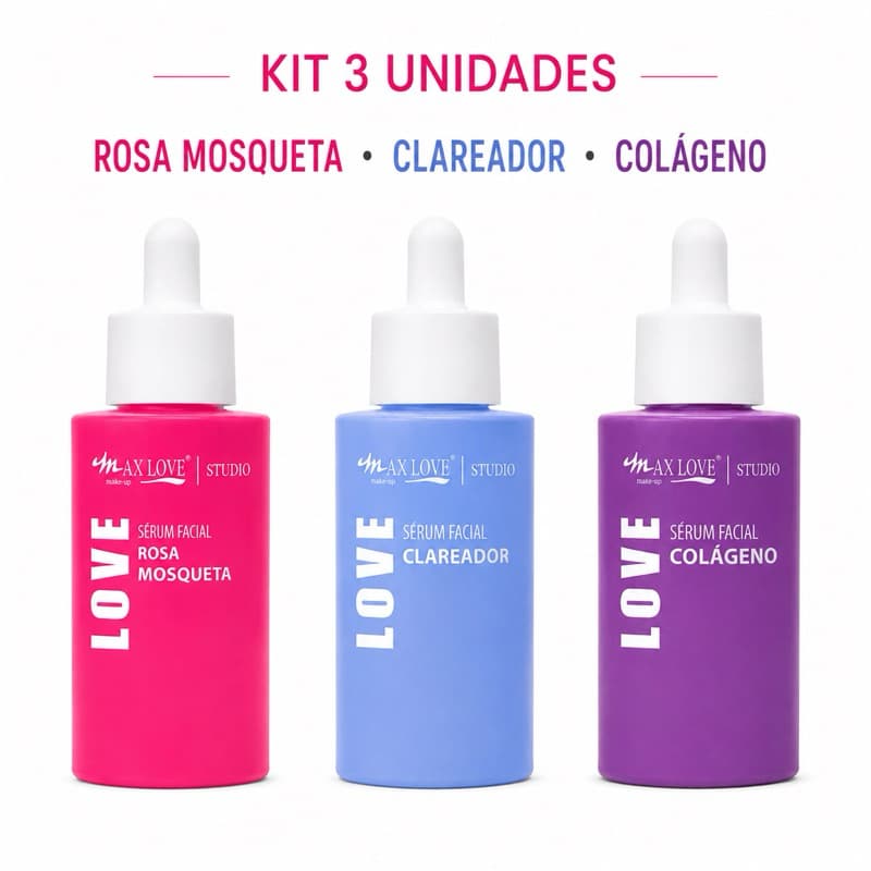 Sérum Facial Max Love Kit 3 Rosa Mosqueta + Clareador + Colágeno 30ml