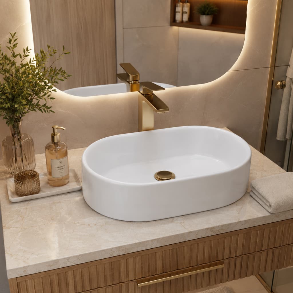 Cuba de Apoio Oval Branca Banheiro Lavabo Sobrepor Mármore Sintético Luxo