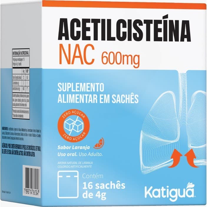 N-Acetilcisteína NAC 600mg Katiguá c/ 16 Sachês 4g Sab. Laranja Zero Açúcar