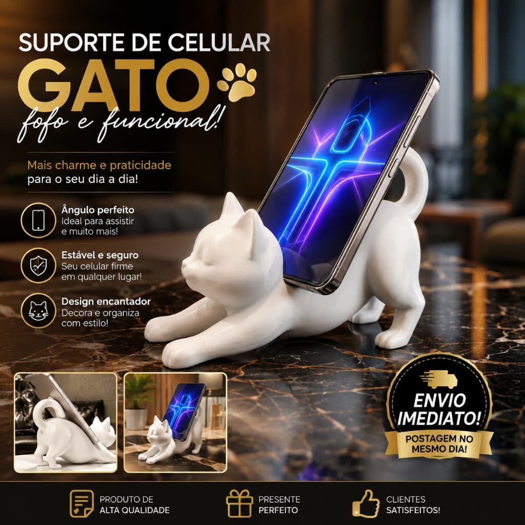 Suporte de Celular Gato Decorativo  Porta Celular de Mesa | Organizador para Escritório e Casa | 10 x 8 cm