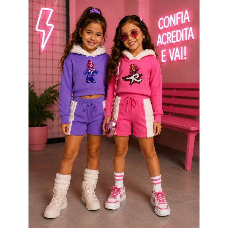 Conjunto Infantil Blogueirinha Emilly Vick / Ketlen Dos Rosas Rosa Pink e Roxo com Capuz Peluciado