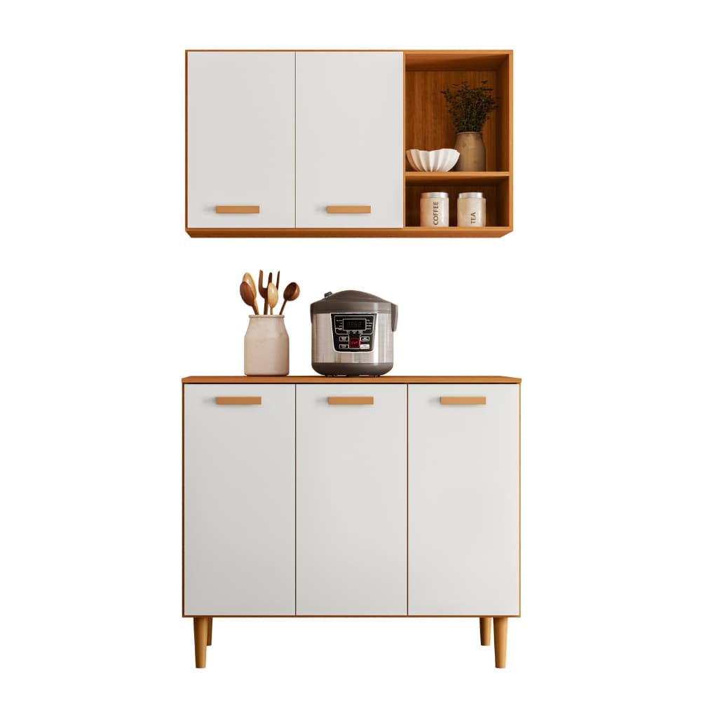 Armário para Cozinha Completo 5 Portas com Balcão e Aéreo Compacto Funcional Moderno com Nicho e Pés