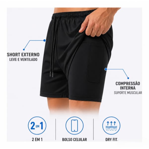 Bermuda Basic 2 em 1 Masculina Dry Fit Compressão Academia Corrida Treino