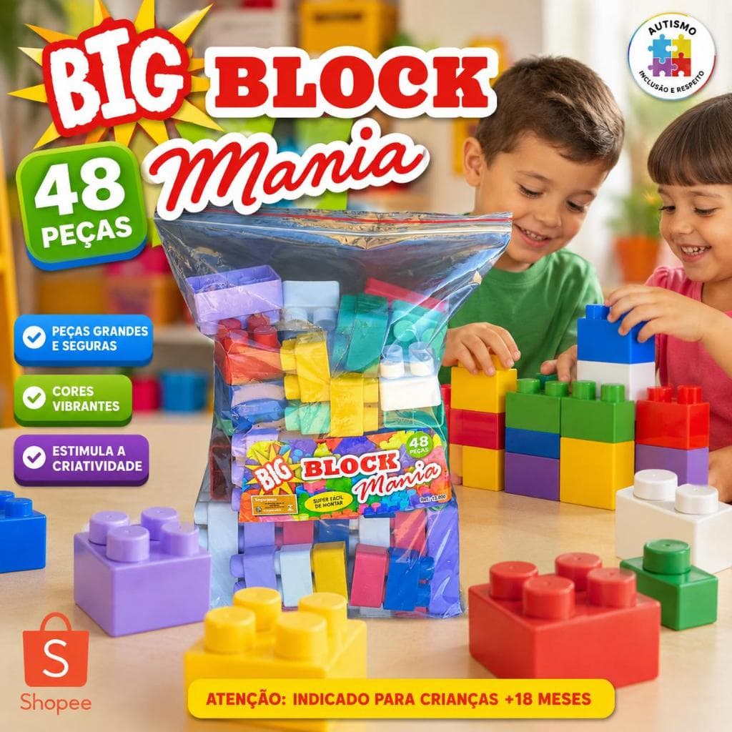 Blocos De Montar 48 Peças Grandes Coloridas Na Embalagem Plástica Ziplock - Brinquedo Infantil + 18 Meses Criança