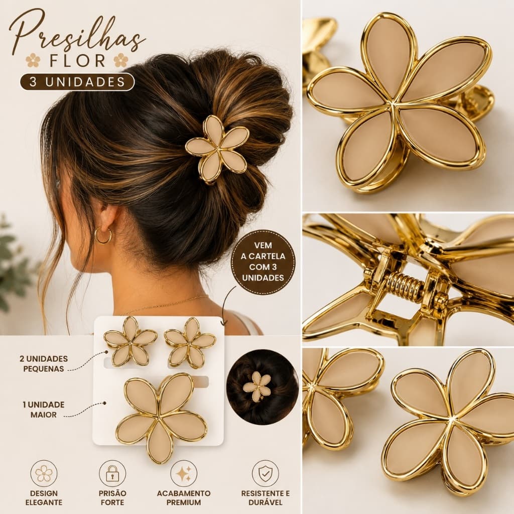 🌸Kit com 3 Piranha Presilha de Cabelo (1 grande + 2 pequenas) Flor do Caribe