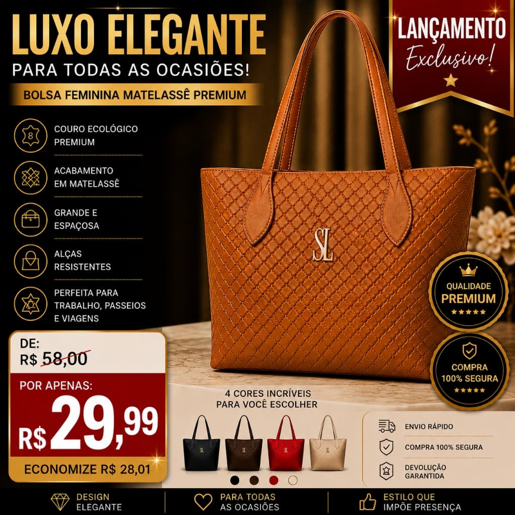 Bolsa Feminina Grande Couro Ecológico Resistente Matelassê Shopper Ombro Dia a Dia Trabalho Faculdade Casual Chic