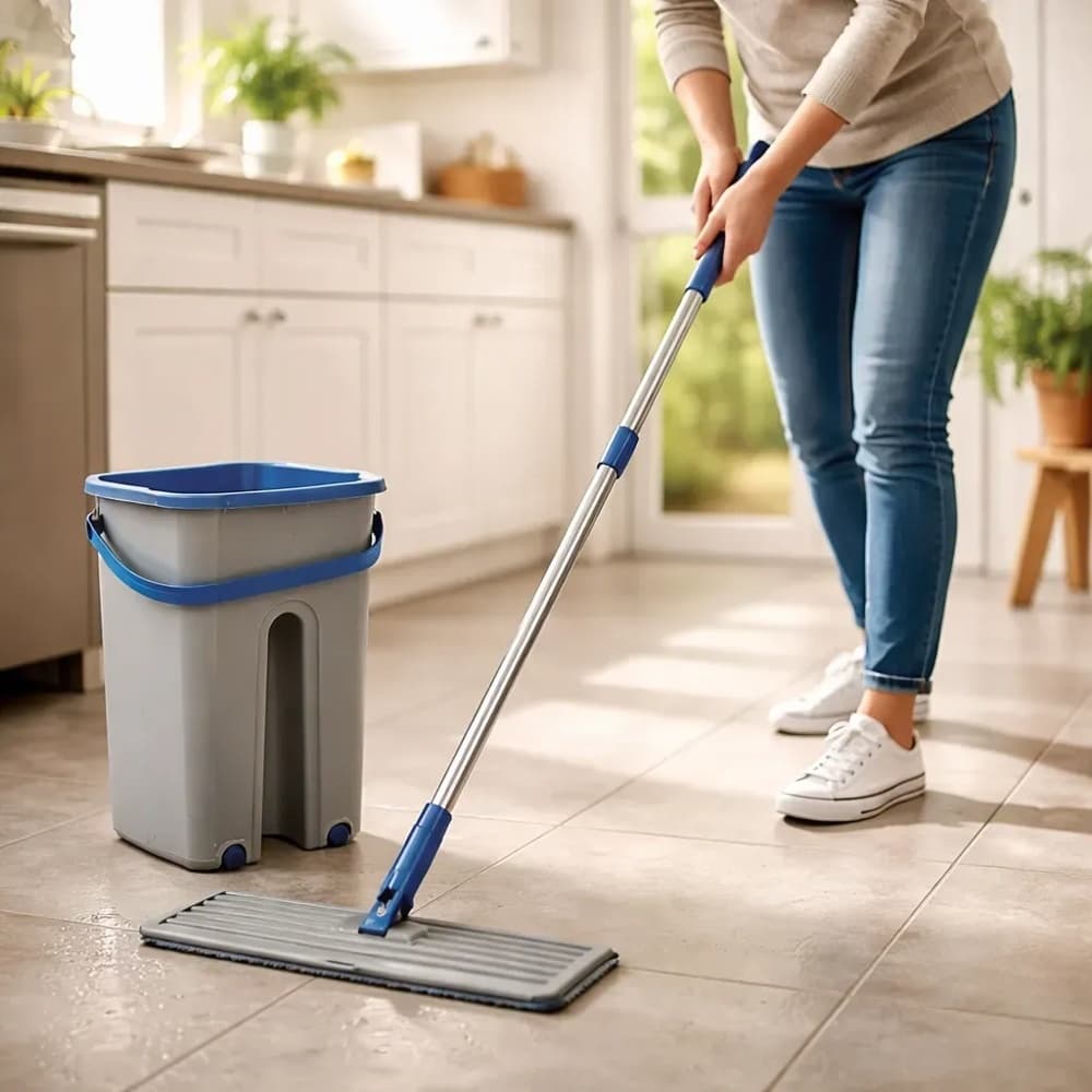 Rodo Mop Flat Clean Tech Balde Lava Seca Com 2 Refis Microfibra Dupla Absorção Limpeza Piso Sortido