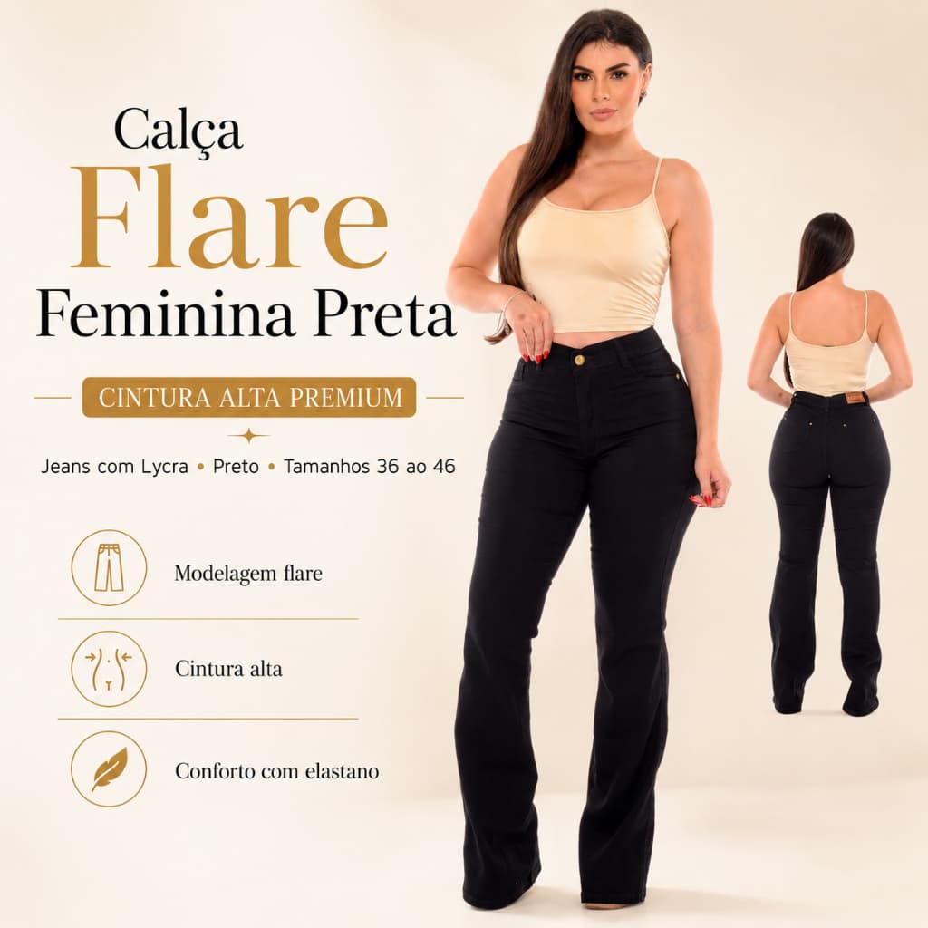 Calça Flare Feminina Preta cintura alta Jeans Com Lycra