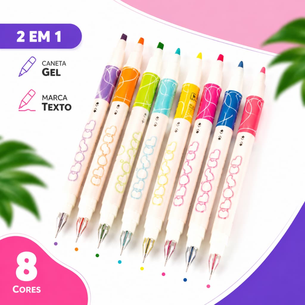 Canetas Gel e Marca Texto 2 em 1 Kit 8 Unid para Estudos e Cadernos
