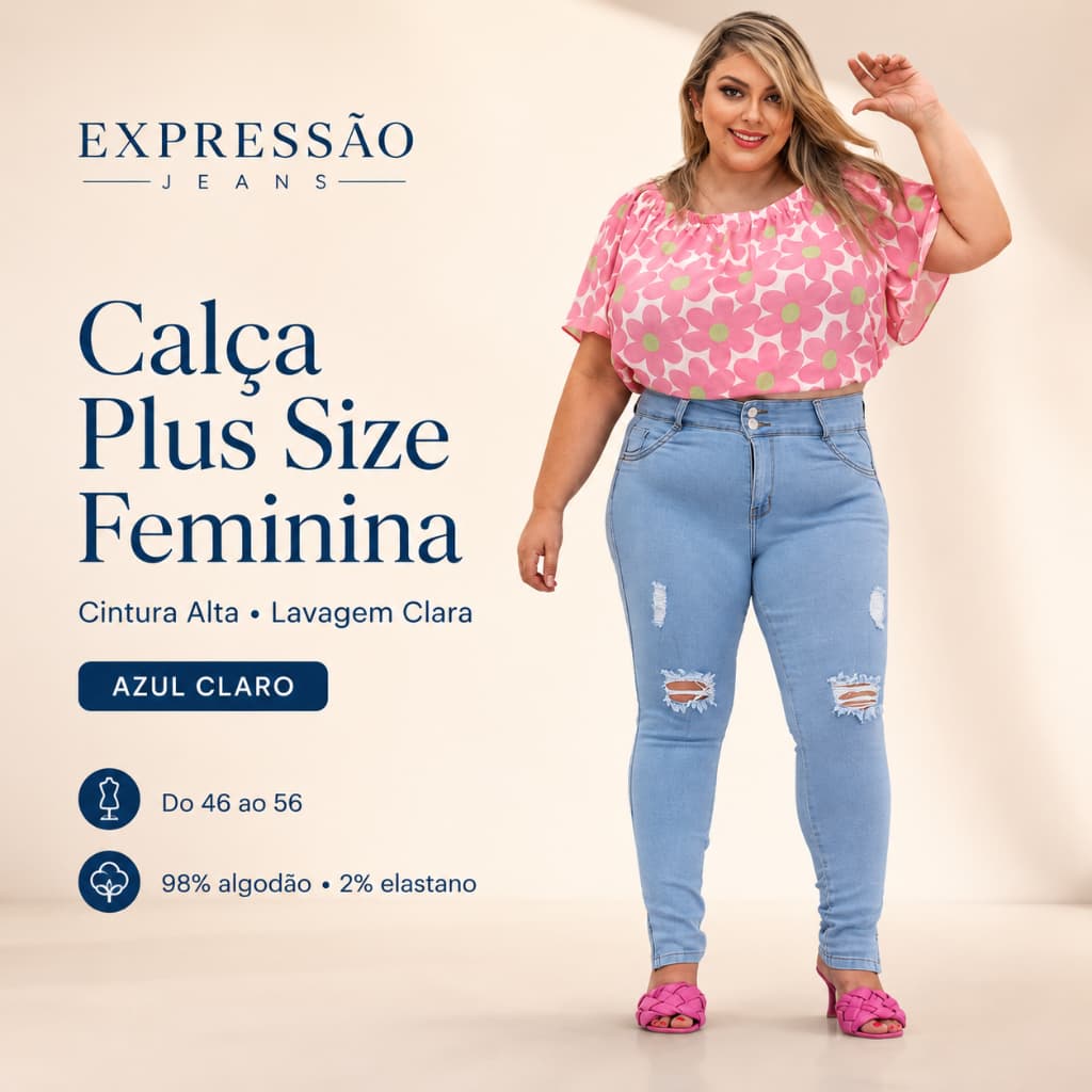 Calça Plus Size feminina cintura alta lavagem clara