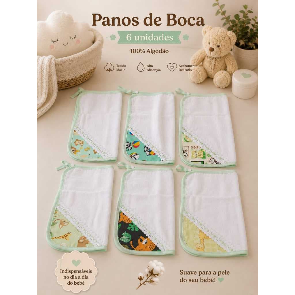Kit 6 Paninhos de Boca para Bebê 100% Algodão com Prendedor de Chupeta – Estampas Masculinas Sortidas