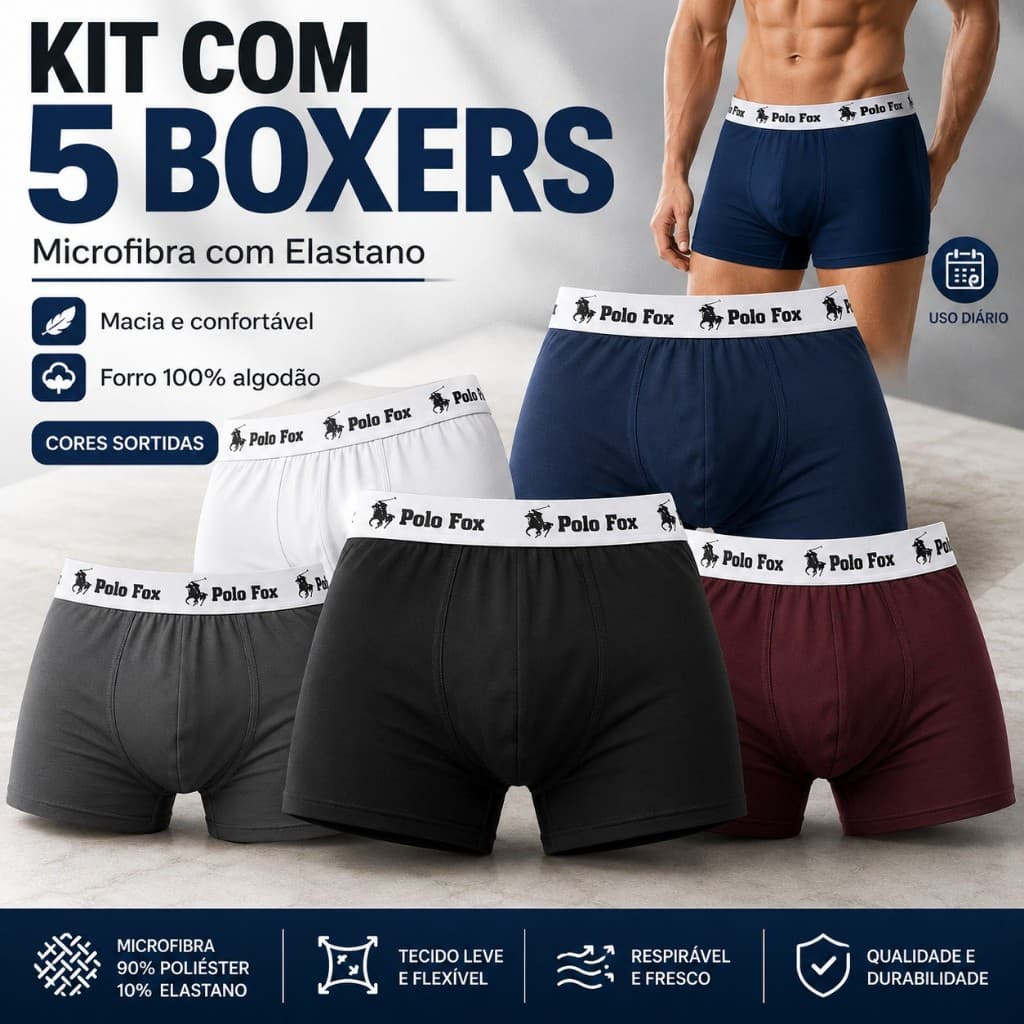 Kit 5 Cuecas Boxer Masculina Microfibra Premium Elastano Macia Confortável Sem Costura Aparente Adulto