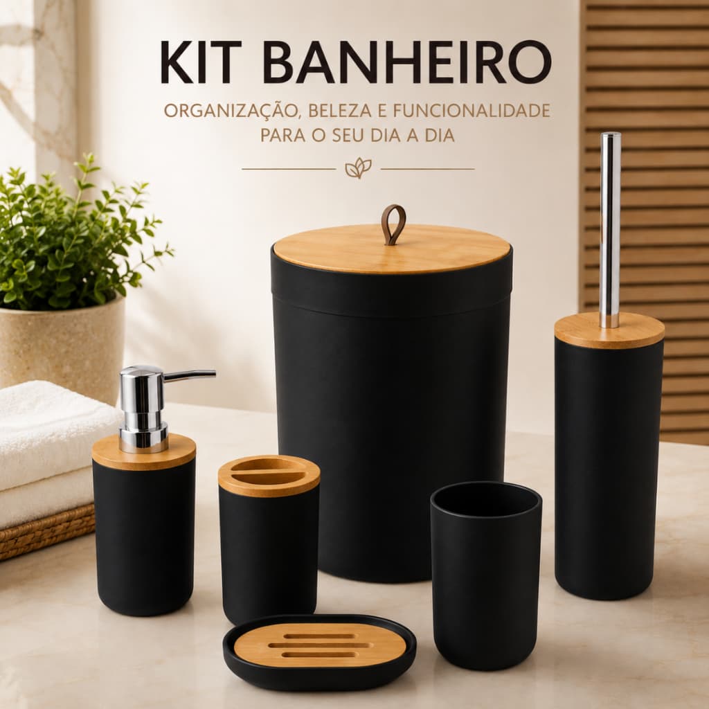 Kit Acessórios Banheiro Lavabo Luxo Bambu Completo Conjunto Organizador 6 Peças